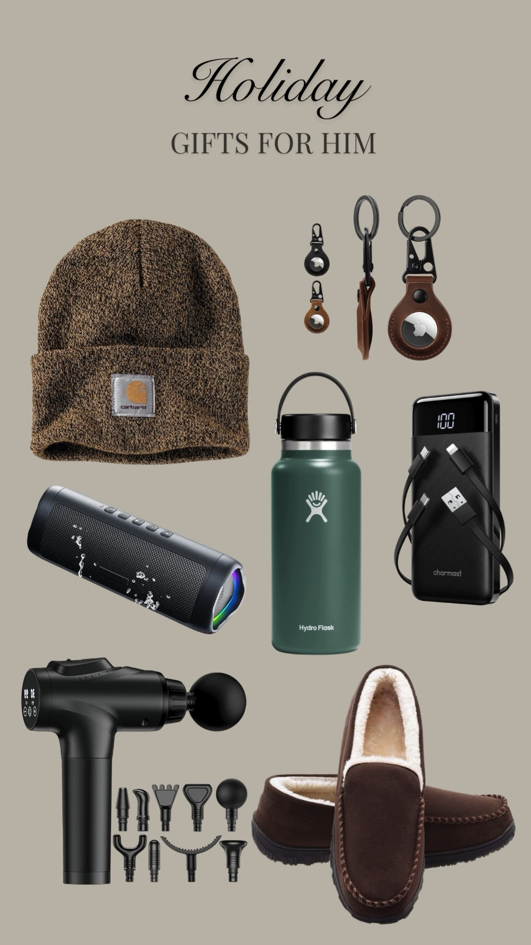 Gift ideas perfect for “him”! gift list, gift basket, holiday gift, stocking stuffer, Christmas present, Christmastime, holidays, slippers, candle, keychain, AirTag, phone charger, hydroflask, bluettth speaker, beanie, 

#LTKHome #LTKGiftGuide #LTKHoliday