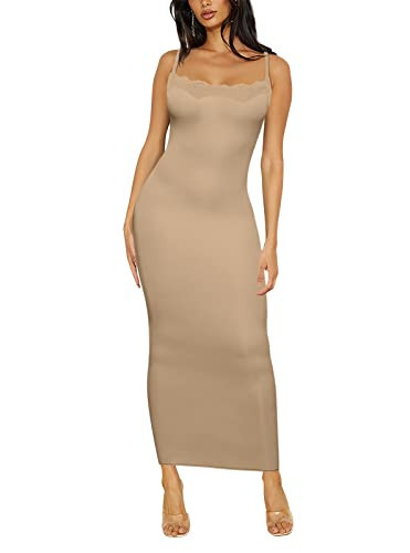 Women's Skimss Dupes Lace Long Slip Dress Sexy Casual Soft Lounge Sleeveless Spaghetti Strap Bodycon Maxi Dresses Khaki XS | Amazon (US)