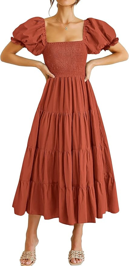ANRABESS Women's Casual Summer Midi Dress Puffy Short Sleeve Square Neck Smocked Tiered Boho Dres... | Amazon (US)