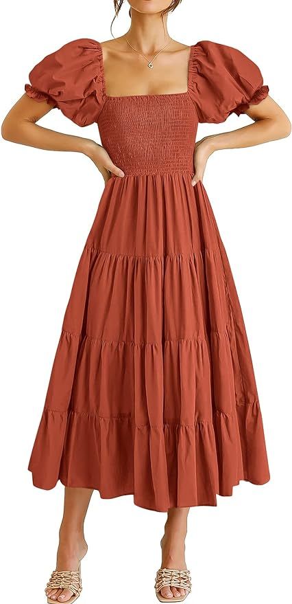 ANRABESS Women's Casual Summer Midi Dress Puffy Short Sleeve Square Neck Smocked Tiered Boho Dres... | Amazon (US)
