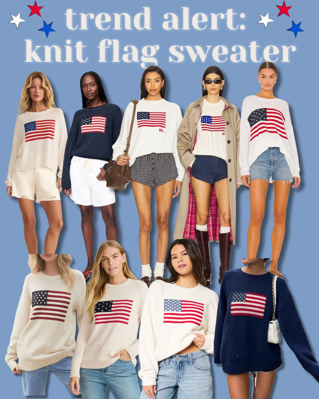one of the biggest trends i've been seeing ahead of fourth of july and memorial day is a knit american flag sweater! they're popping up everywhere on tiktok and i think they're going to be the piece of the summer. they go with everything and scream old money if you pair them right - with a cute denim short or even a linen pant! check these out in every price range from amazon to gap to revolve! 

#ltkactive #ltksalealert #ltkpetite #ltkfindsunder100 #ltkstyletip #ltkswim #ltktravel #ltkkids #ltkmens #ltkfamily 

 #LTKSummerEdit #LTKSeasonal #LTKFindsUnder50