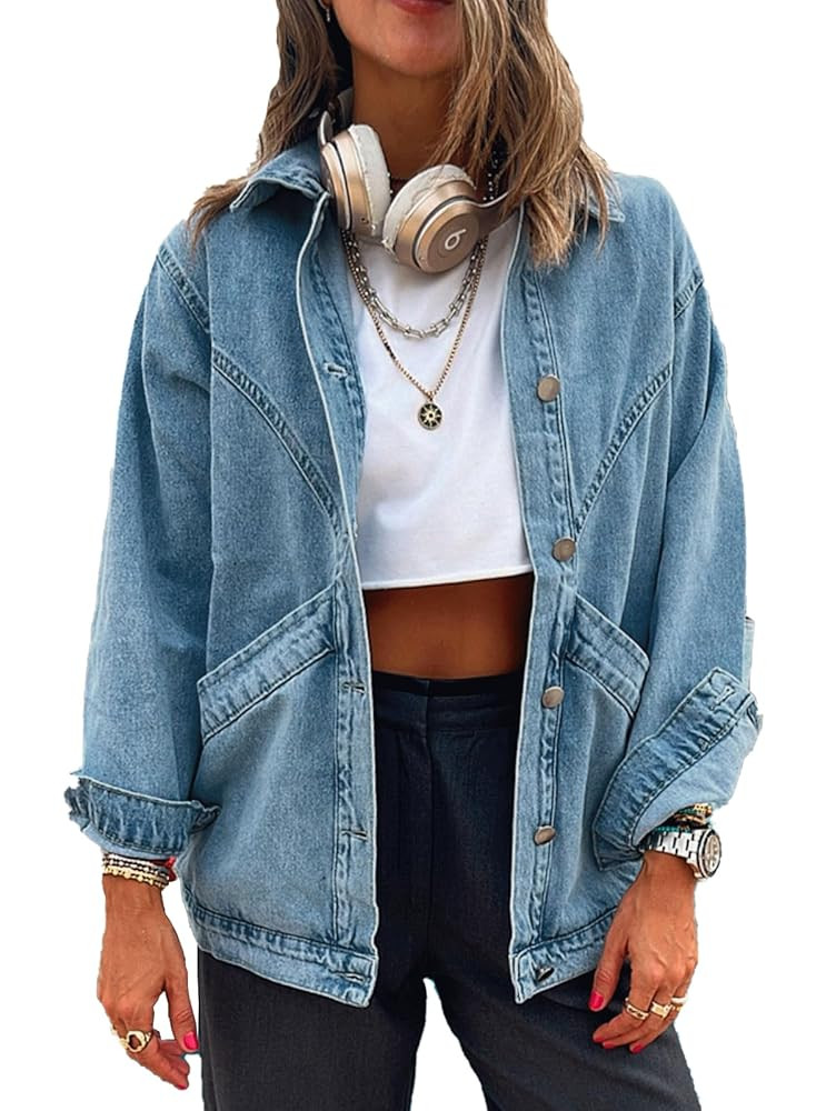 Women's Casual Oversized Button Up Denim Jackets Shacket Long Sleeve Pockets Denim Jean Jacket wi... | Amazon (US)