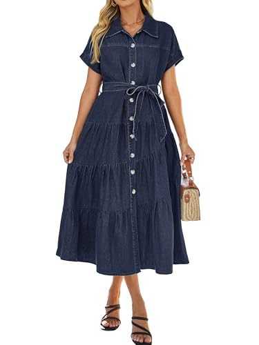 BerryGo Womens Summer Denim Shirt Dress Casual Belted Short Sleeve Button Down Flowy Midi Jeans D... | Amazon (US)