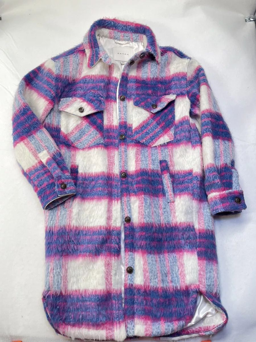 Blank NYC Purple White Plaid Fuzzy Midi Jacket Coat Oversized Outdoor Lined XS  | eBay | eBay US