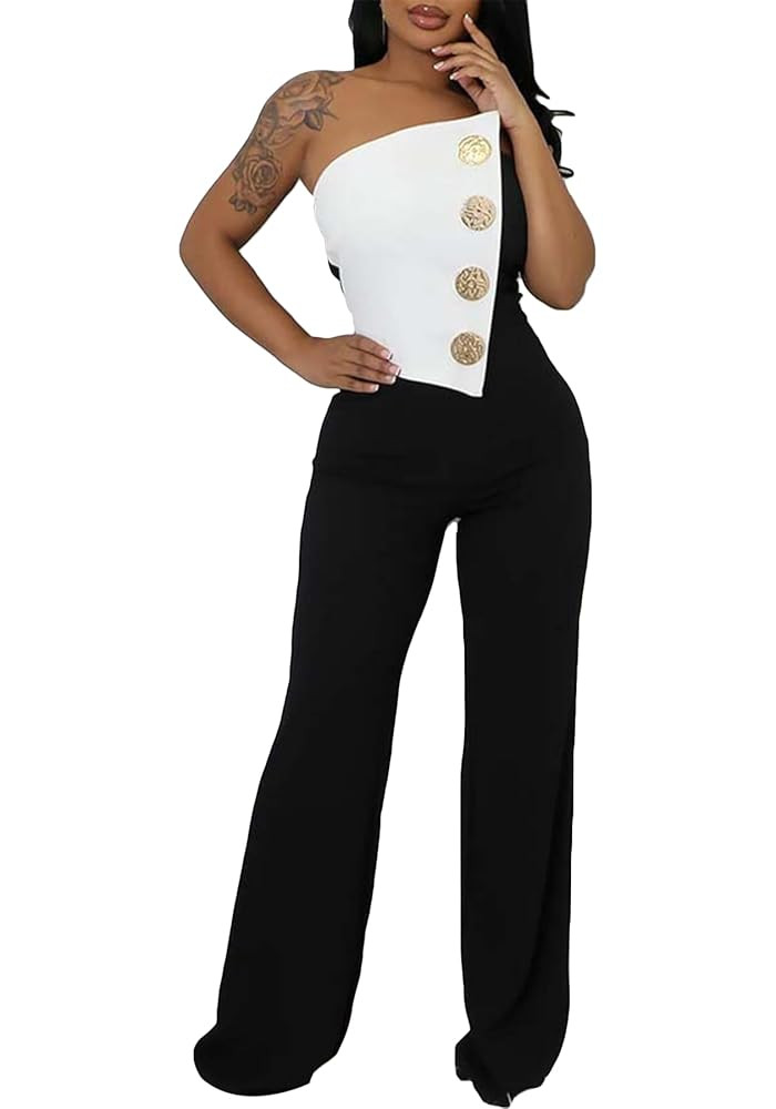 Women Elegant Wide Leg Jumpsuits Off Shoulder Sleeveless Loose Straight Leg Pants Rompers | Amazon (US)