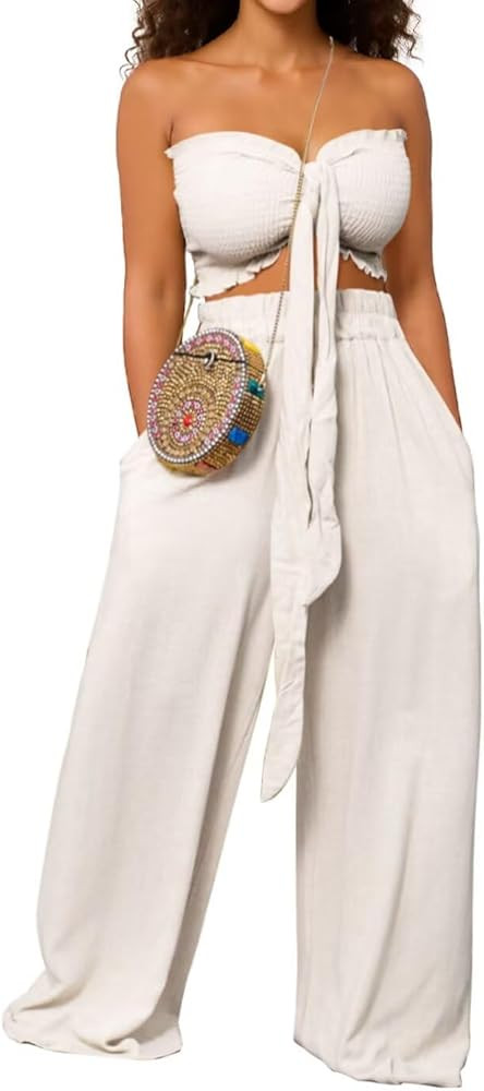 WXN Womens Two Piece Outfits Tie Front Bandeau Crop Top and Wide Leg Pants Set Vacation Summer Ou... | Amazon (US)