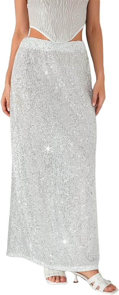 Women Sequin Maxi Skirt Glitter Elastic Waist A Line Midi Skirt Sparkle Pencil Skirt Party Nighto... | Amazon (US)