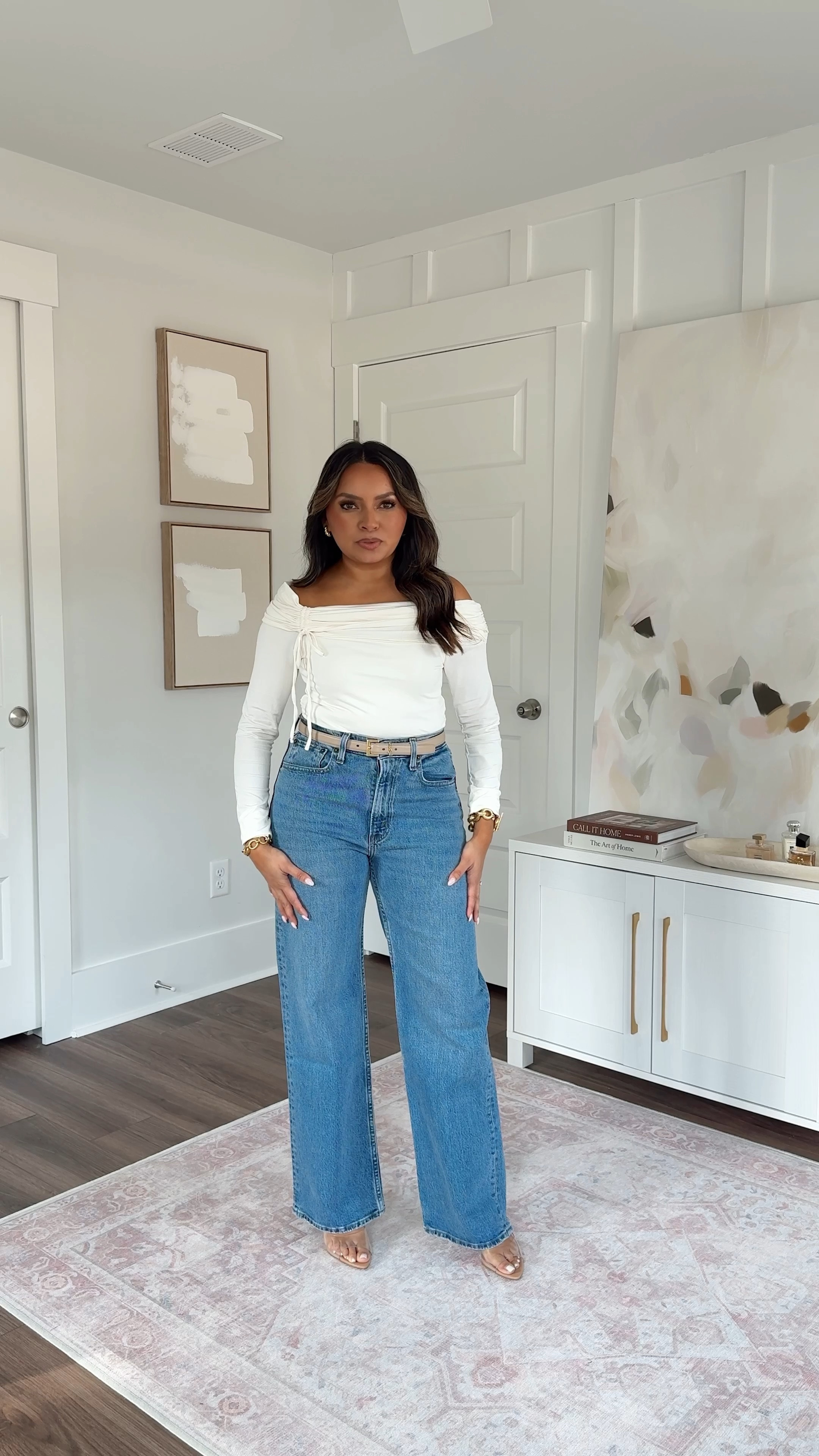 On sale plus an extra 15% off with code DENIMAF
For reference: I’m a 32b bra size and 2/26 in bottoms, pear shaped. 

White top size xs TTS 
Blue jeans in dark with back distressed hem size 27 short - I sized up a size 
Clear heels size 5 TTS 
Belt size 70 TTS


#LTKPetite #LTKStyleTip #LTKSaleAlert