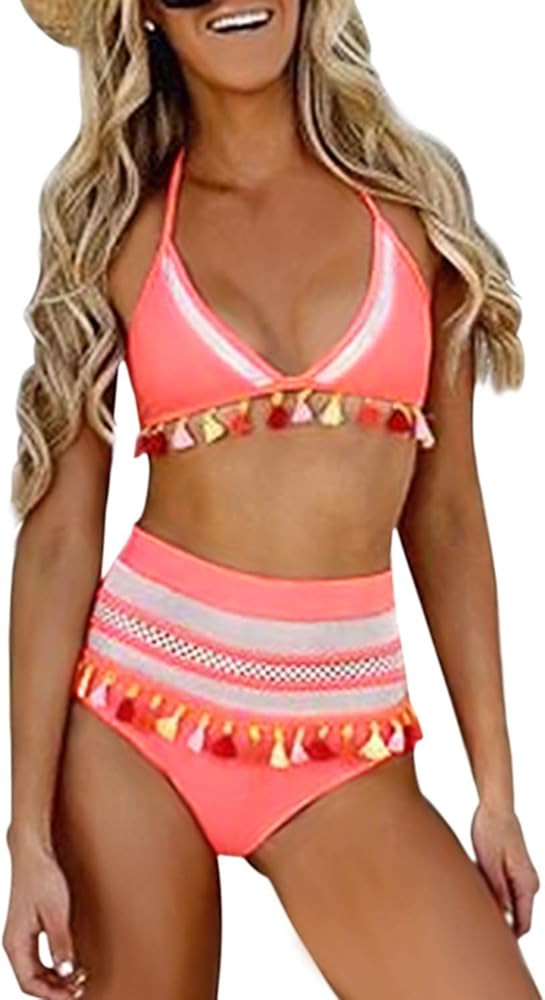 Bdcoco Women's High Waist Two Pieces Bikini Set Halter Straps Tassel Swimsuit | Amazon (US)