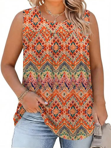 AKEWEI Womens Plus Size Tank Tops Summer Sleeveless Shirt Crewneck Loose Fit Tunic Blouses((Boho Orange,3X-Large) | Amazon (US)