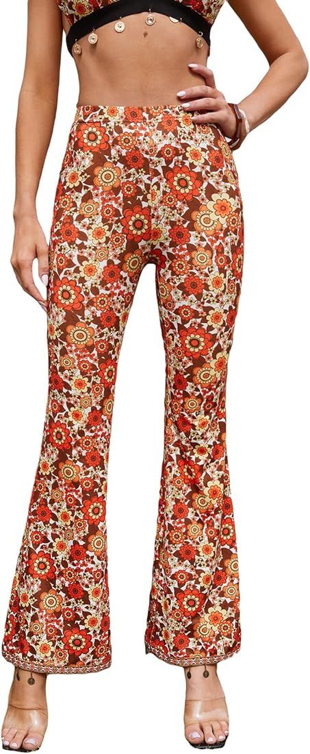 Romwe Women's Bootcut High Waisted Yoga Pants Sunflower Print Wide Leg Pants Trousers | Amazon (US)