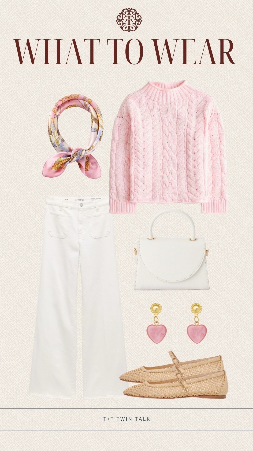 T+T, what to wear! We are loving this feminine look tha would be perfect for brunch or even Valentine’s Day! The pink J.Crew sweater pairs perfectly with white pants! Add cute heart shaped earrings, a patterned scarf, and a chic white purse to complete the look.  

#LTKMidsize #LTKOver40 #LTKSeasonal