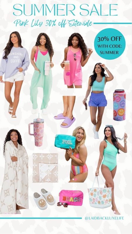 Pink Lily Summer Sale! 30% off sitewide sale! Use code: SUMMER for 30% off at checkout, Pink Lily doorbusters as low as $8! Summer outfit, swimsuit, beach bag, onesie, romper, shorts, water tumbler, smiley face slippers, #LaidbackLuxeLife

Follow me for more fashion finds, beauty faves, and lifestyle, home decor, sales and more! So glad you’re here!! XO, Karma

#LTKFindsUnder50 #LTKSeasonal #LTKSaleAlert