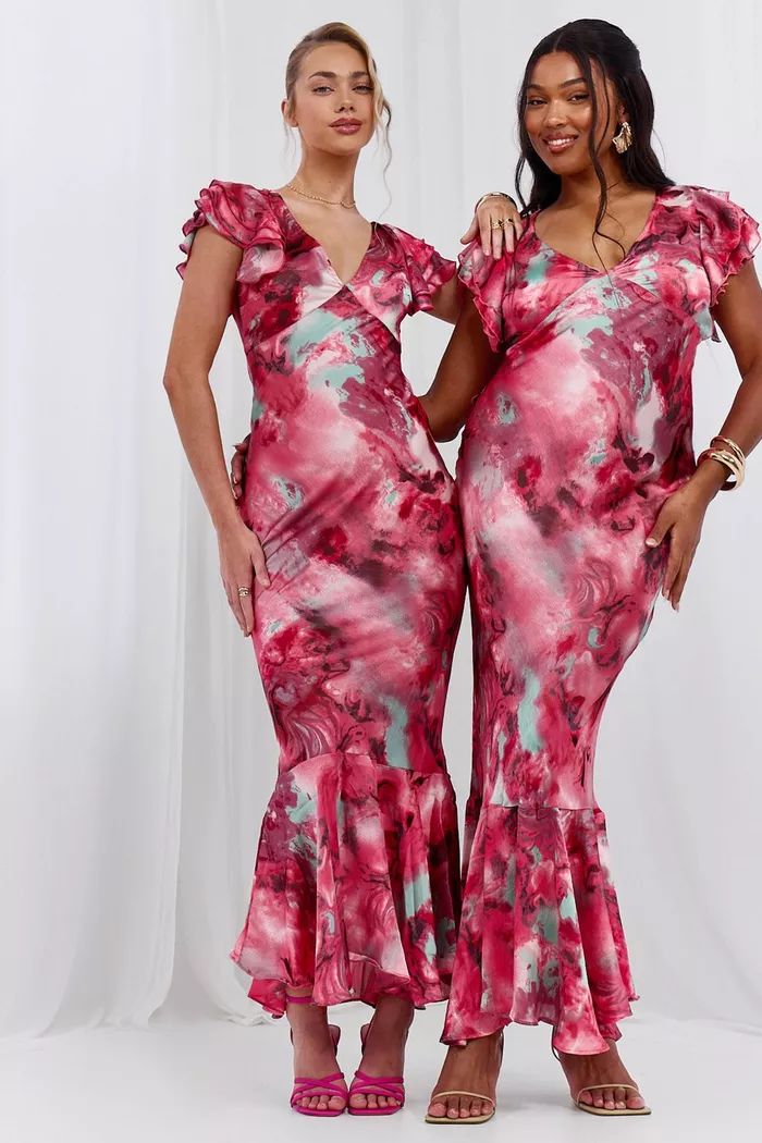 Marble Satin Ruffle Sleeve Maxi Dress | Boohoo.com (UK & IE)