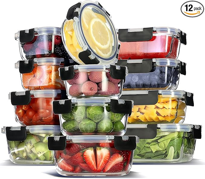EATEX 12-Pack Glass Food Storage Containers with Lids, Airtight Glass Meal Prep Containers, Reusa... | Amazon (US)