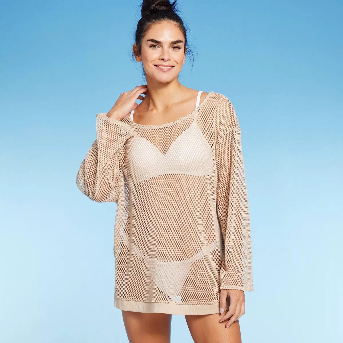Women's Long Sleeve Crochet Cover Up Sweater - Shade & Shore™ Light Brown | Target