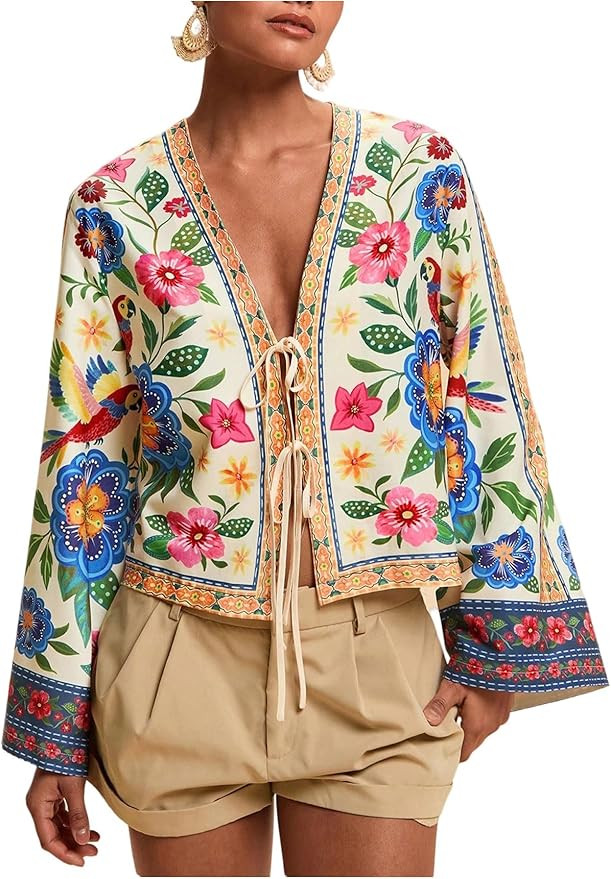 RoseSeek Women's Boho Floral Vacation Blouses Tie V Neck Long Sleeve Beach Shirts Tropical Cardig... | Amazon (US)