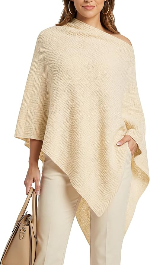 Womens Poncho Sweater Textured Knit Pullover Cape Shawl Wrap Tops | Amazon (US)