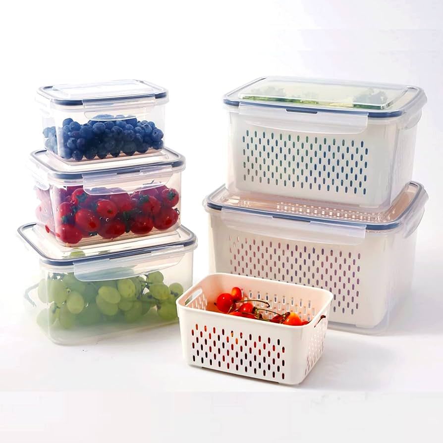 5 PCS Large Fruit Containers for Fridge - Leakproof Food Storage Containers with Removable Coland... | Amazon (US)