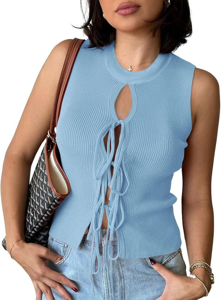 Yousify Women's Tie Front Sweater Vest Ribbed Knit Tank Tops 2025 Summer Fashion Casual Cute Bow ... | Amazon (US)