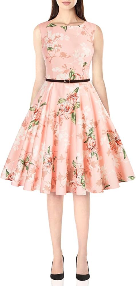 GRACE KARIN Boatneck Sleeveless Vintage Tea Dress with Belt | Amazon (US)