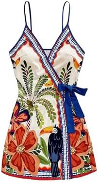 SOLY HUX Women's Tropical Print Mini Dress Summer Wrap V Neck Bow Tie Vacation Dresses | Amazon (US)