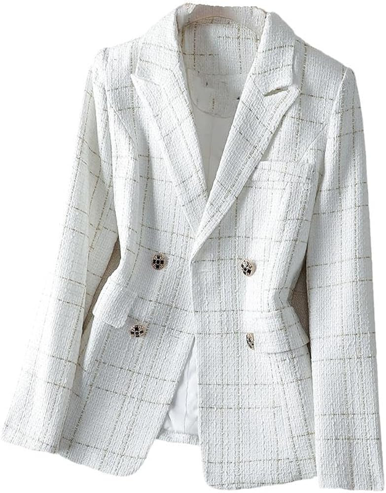 Black White Plaid Ladies Casual Blazer Women Autumn Winter Long Sleeve Double Breasted Coat Jacke... | Amazon (US)