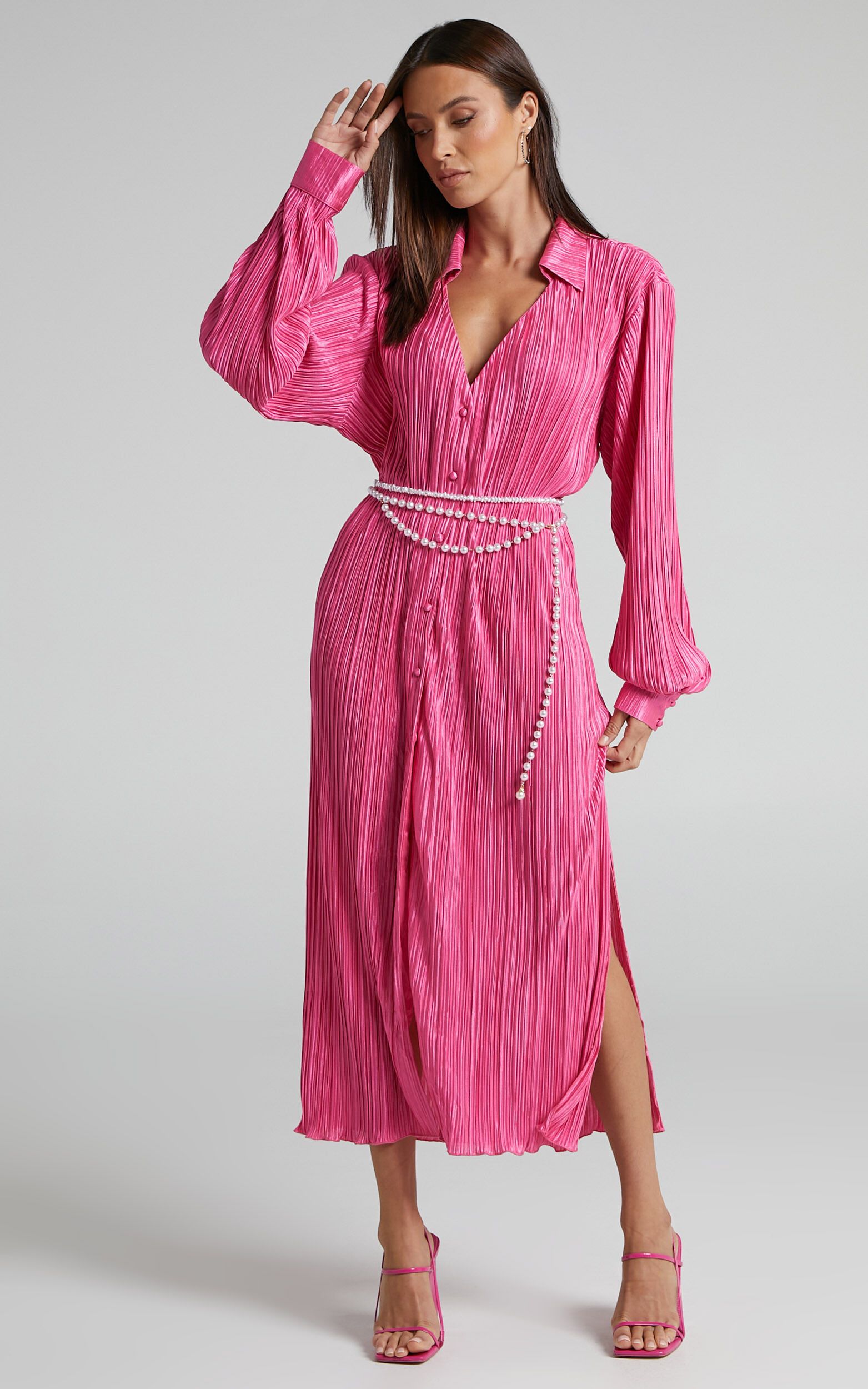Donelli Plisse Oversized Collared Shirt Midi Dress in Pink | Showpo (US, UK & Europe)