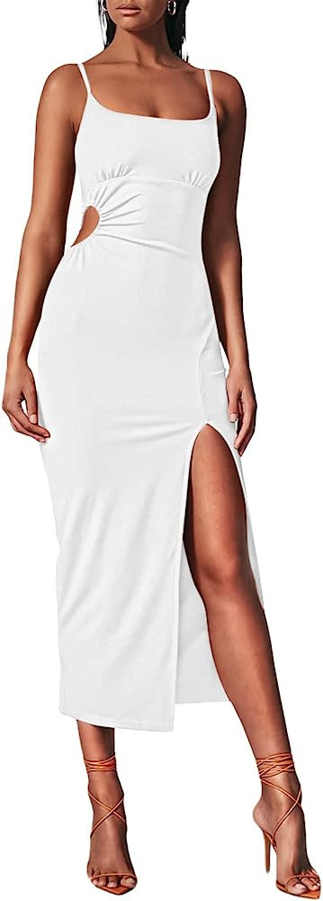 Pink Queen Women's Summer Scoop Neck Spaghetti Straps Bodycon Cutout Side Slit Ruched Midi Dress | Amazon (US)