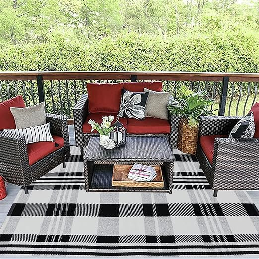 Buffalo Plaid Rug 4' x 6' Black and White Outtdoor Rug Cotton Hand-Woven Checkered Front Welcome ... | Amazon (US)