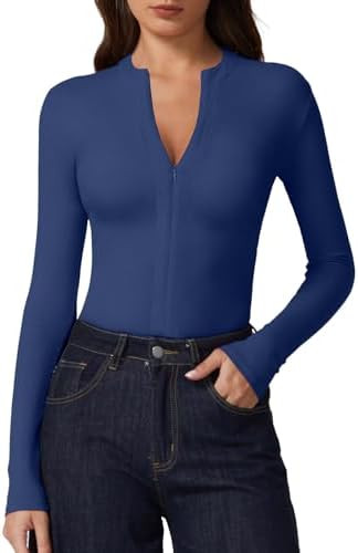 QINSEN Long Sleeve Shirts for Women V Neck Half Zipper Ribbed Knit Going Out Tops Full Length Bas... | Amazon (US)