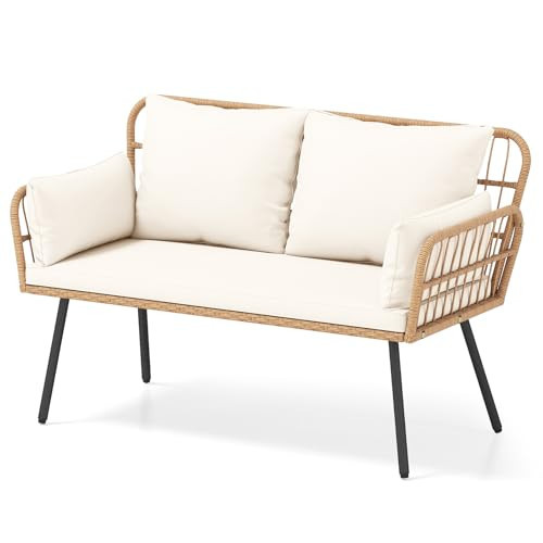 HAPPYGRILL Patio Loveseat Sofa Rattan Wicker 2-Seater Couch with Cushions & Lumbar Pillows, Metal Legs, Outdoor Furniture for Balcony, Porch, Deck (Off White) | Amazon (US)