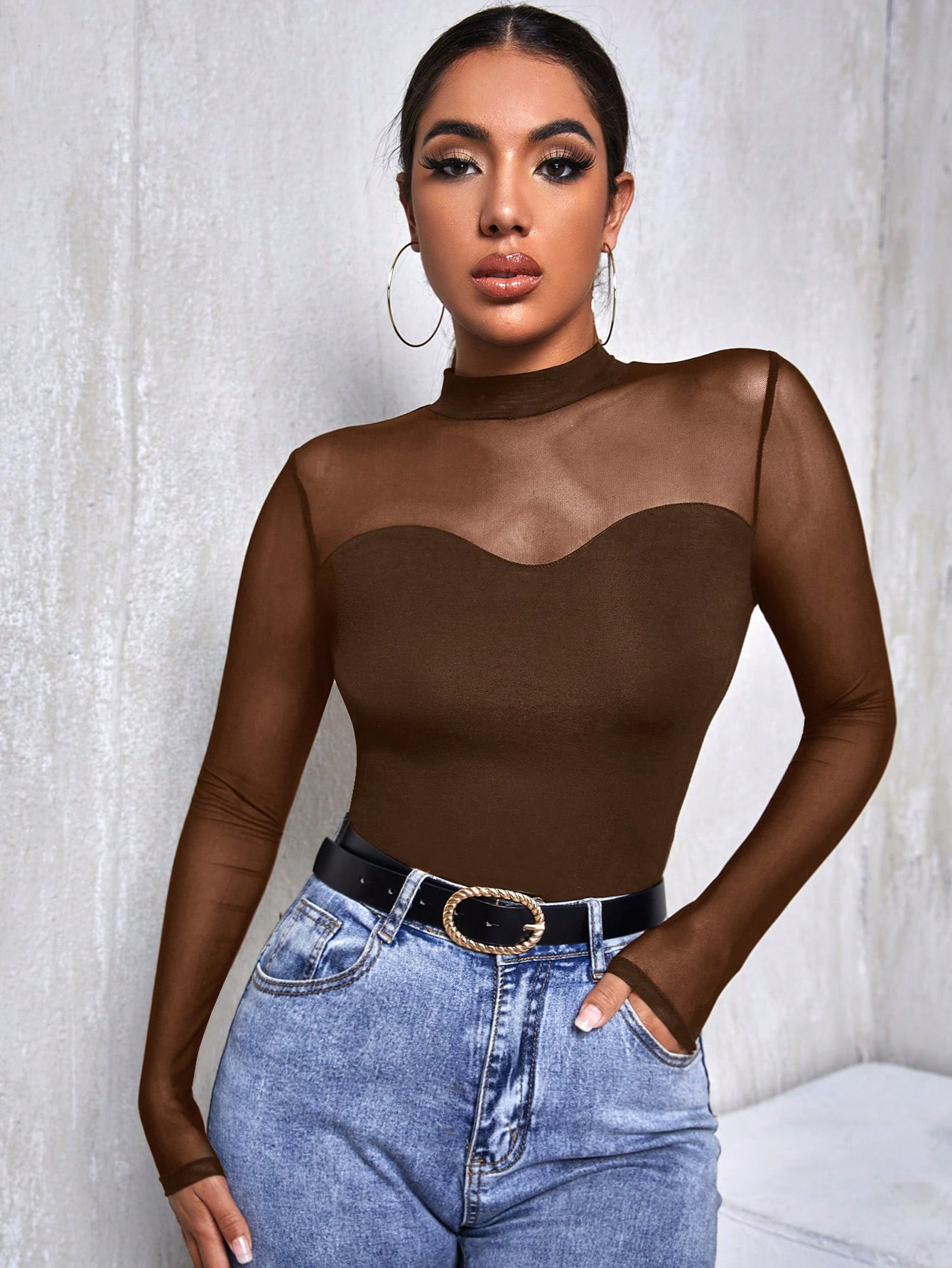 SHEIN Privé Mesh Yoke Long Sleeve T-Shirt | SHEIN USA | SHEIN