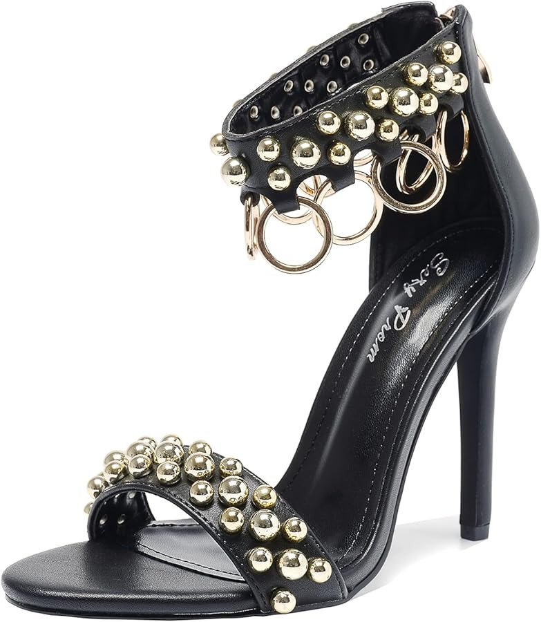 Women's Open Toe Stiletto Sandals Metallic Rings & Pearls Gothic Nightclub Party Wedding Shoes | Amazon (US)