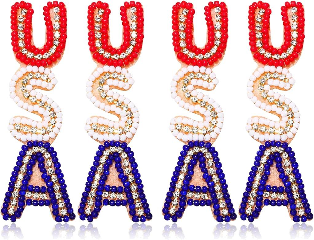 2 Pairs Patriotic Earrings 4th of July Earrings for Women Beaded Letter USA Dangle Earrings Independ | Amazon (US)