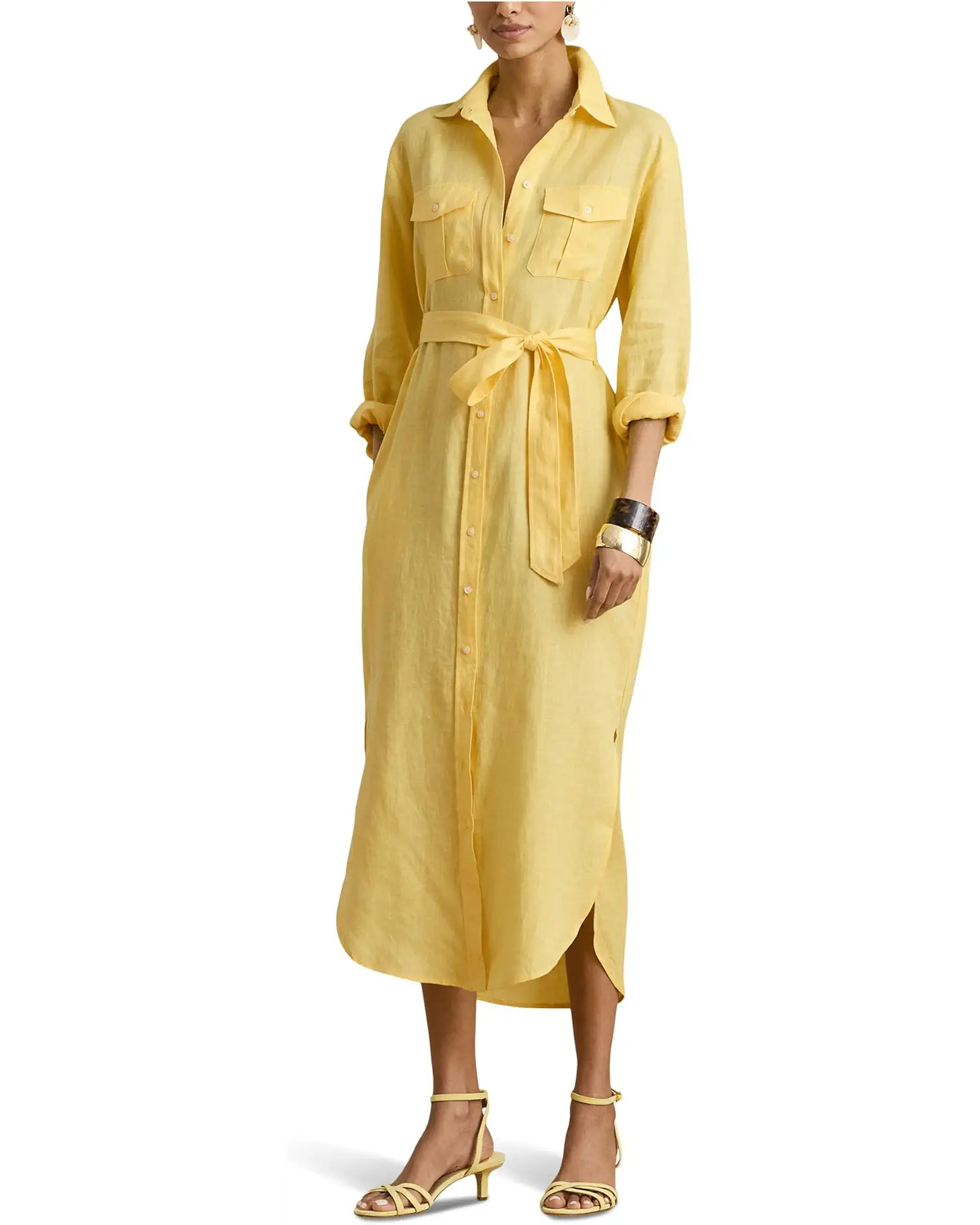 Women's Lauren Ralph Lauren Belted Linen Midi Shirtdress | Zappos.com