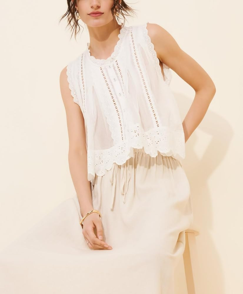 Women Boho Lace Trim Tank top Sleeveless Button Down Front Tie Lace Babydoll Tops Flowy Crop Top ... | Amazon (US)