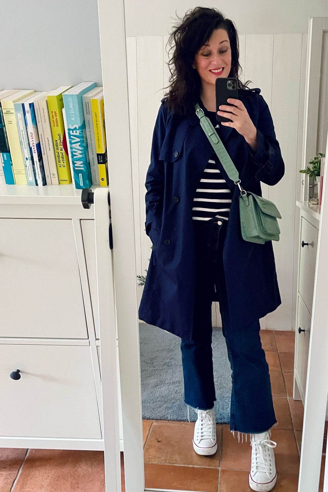 Navy trench coat Comptoir des Cotonniers / Striped knit Ma boutique plus / Flare crop jeans Mango / White leather high tops Converse 

#LTKeurope #LTKover40 #LTKmidsize