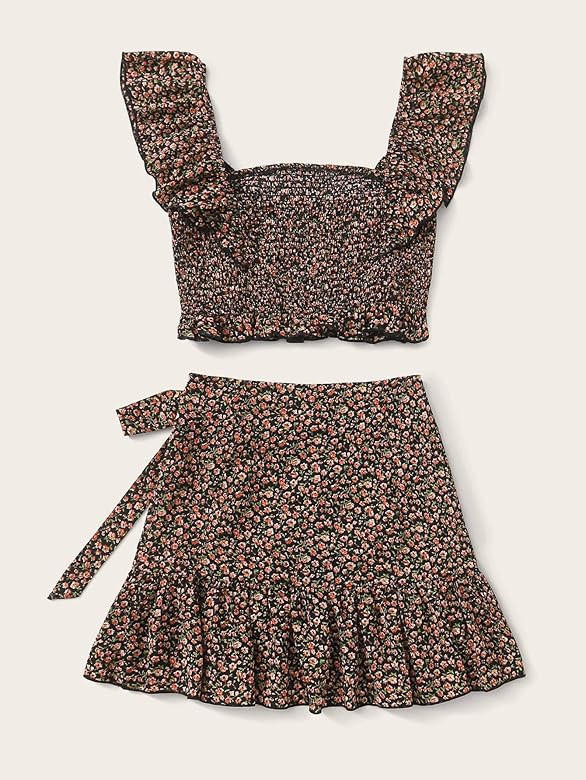 MakeMeChic Women's Two Piece Ruffle Trim Cami Crop Top and Wrap Skirt Set | Amazon (US)