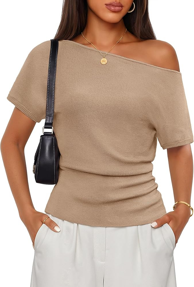 ZESICA Women's Off The Shoulder Short Sleeve Sweater Tops 2026 Summer Casual Ruched Knit Going Ou... | Amazon (US)