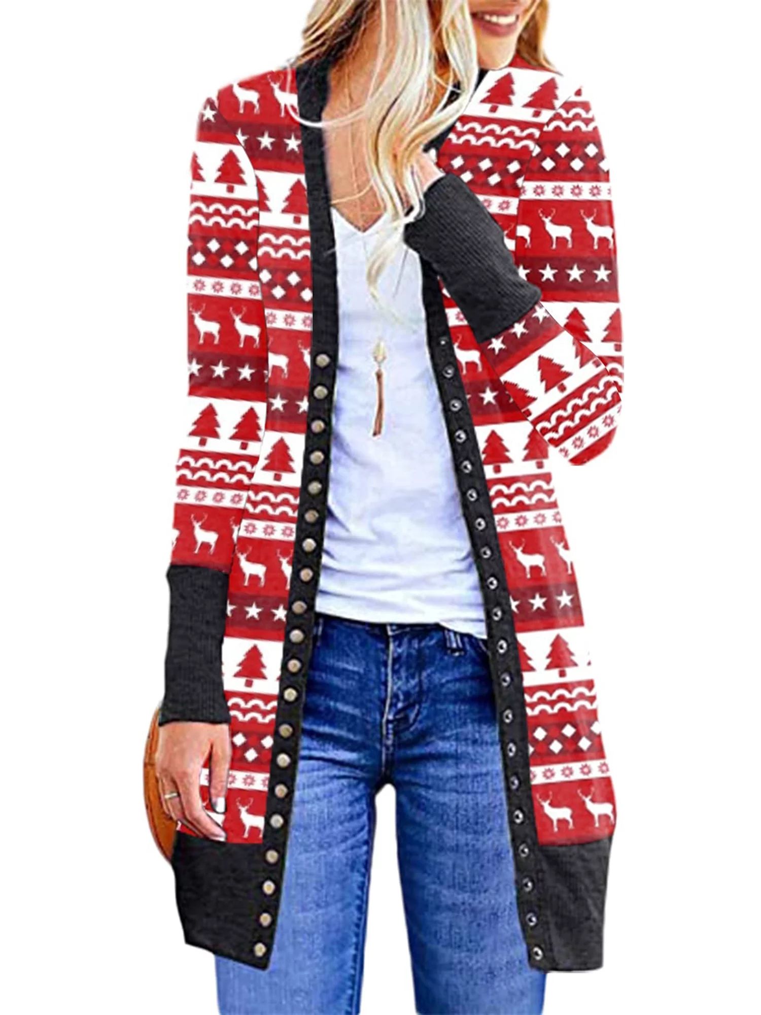 Christmas Sweater for Women Cardigan Open Front Long Sleeve Elk/Santa/Red Plaid Soft Knit Fall 20... | Walmart (US)
