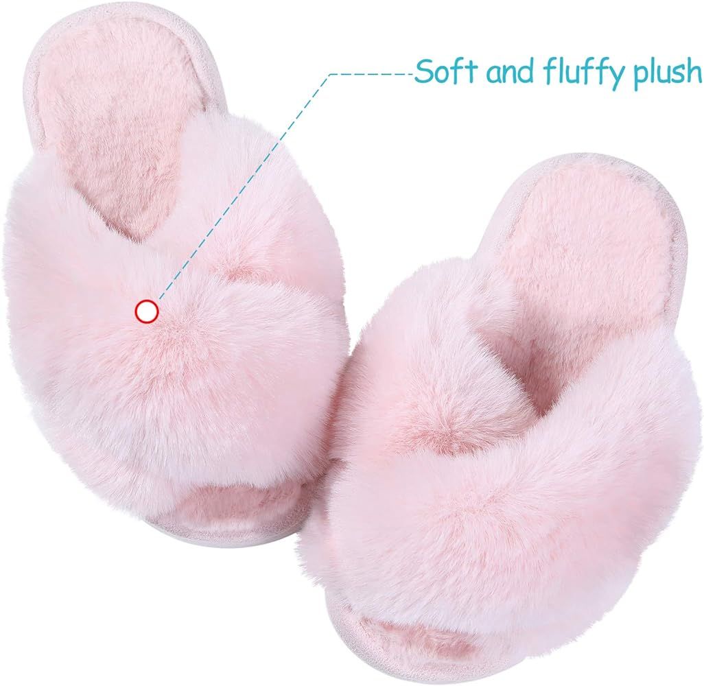 Girl's Soft Plush Lightweight House Slippers Non Slip Cross Band Slip on Open Toe Cozy Indoor Outdoo | Amazon (US)