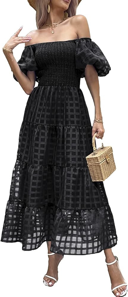 PRETTYGARDEN Women's Casual Summer Dress Puffy Short Sleeve Square Neck Smocked Tiered A Line Max... | Amazon (US)