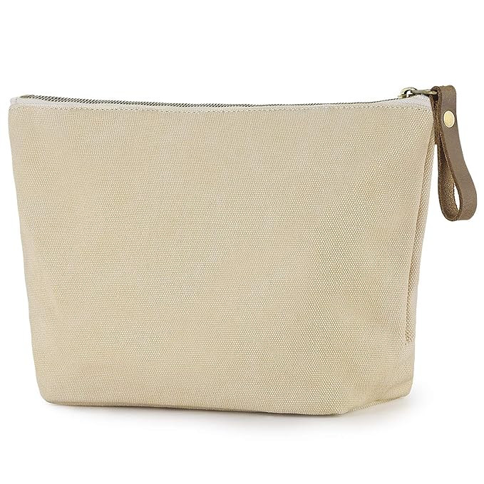 SMRITI Canvas Large Makeup Bag Pouch Purse Cosmetic Organizer for Women(Beige) | Amazon (US)