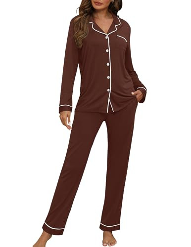 HNG Button Down Sleepwear Fall Maternity Pajamas Set For Women Gift for Her Coffee, XL | Amazon (US)