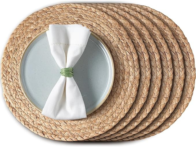 Aofmee 13.8 inch Round Woven Placemats Set of 6, Boho Rattan Place Mats, Natural Water Hyacinth T... | Amazon (US)