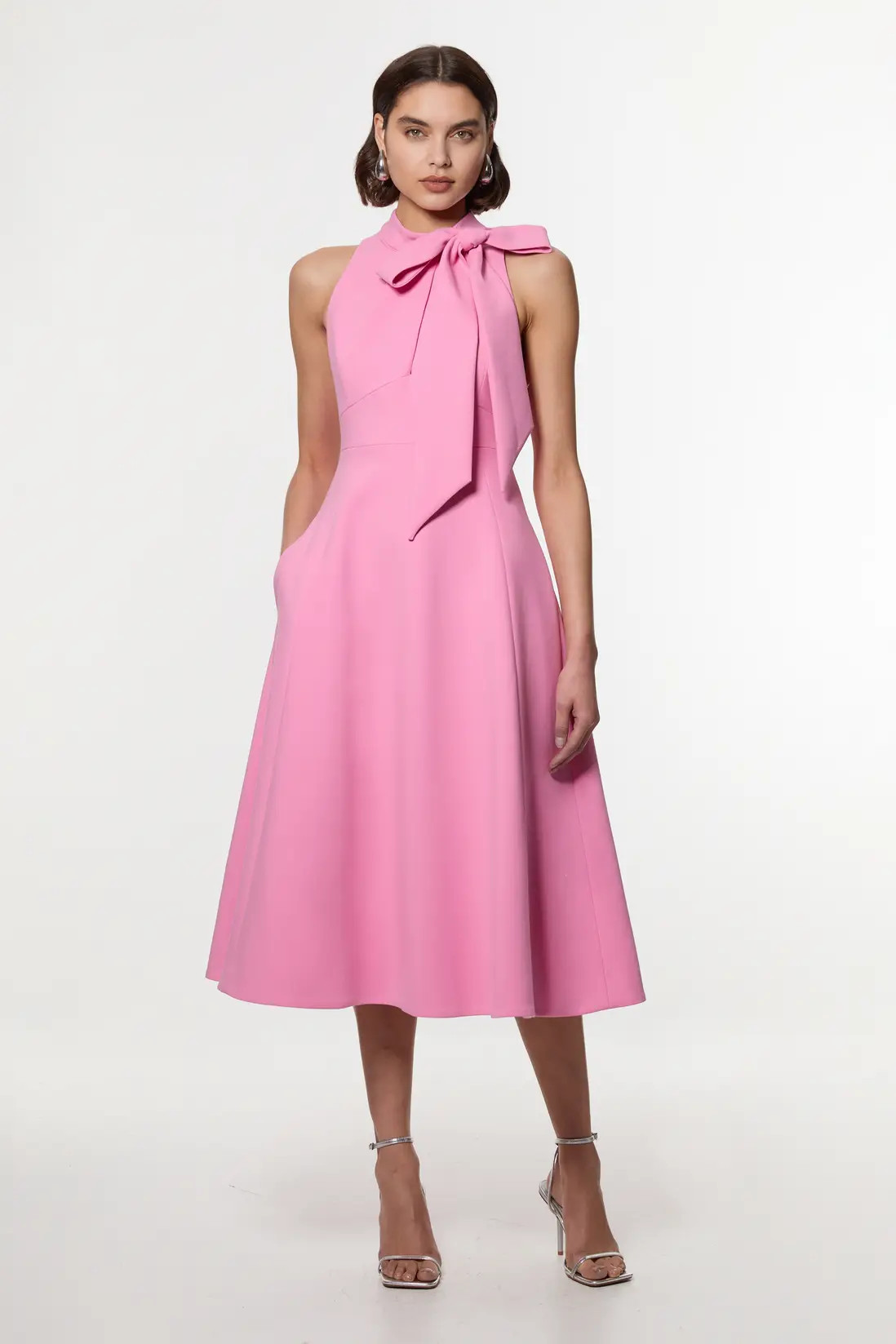 Dresses | Petite Compact Stretch Bow Tie Neck Full Skirted Midi Dress | KarenMillen | Karen Millen UK + IE + DE + NL