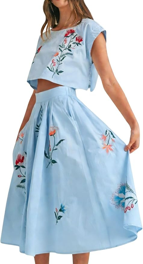 Yinawsky Women Floral Embroidery Dress Sleeveless 2 Piece Tank Top and Skirt Loose Fit Boho Dress... | Amazon (US)