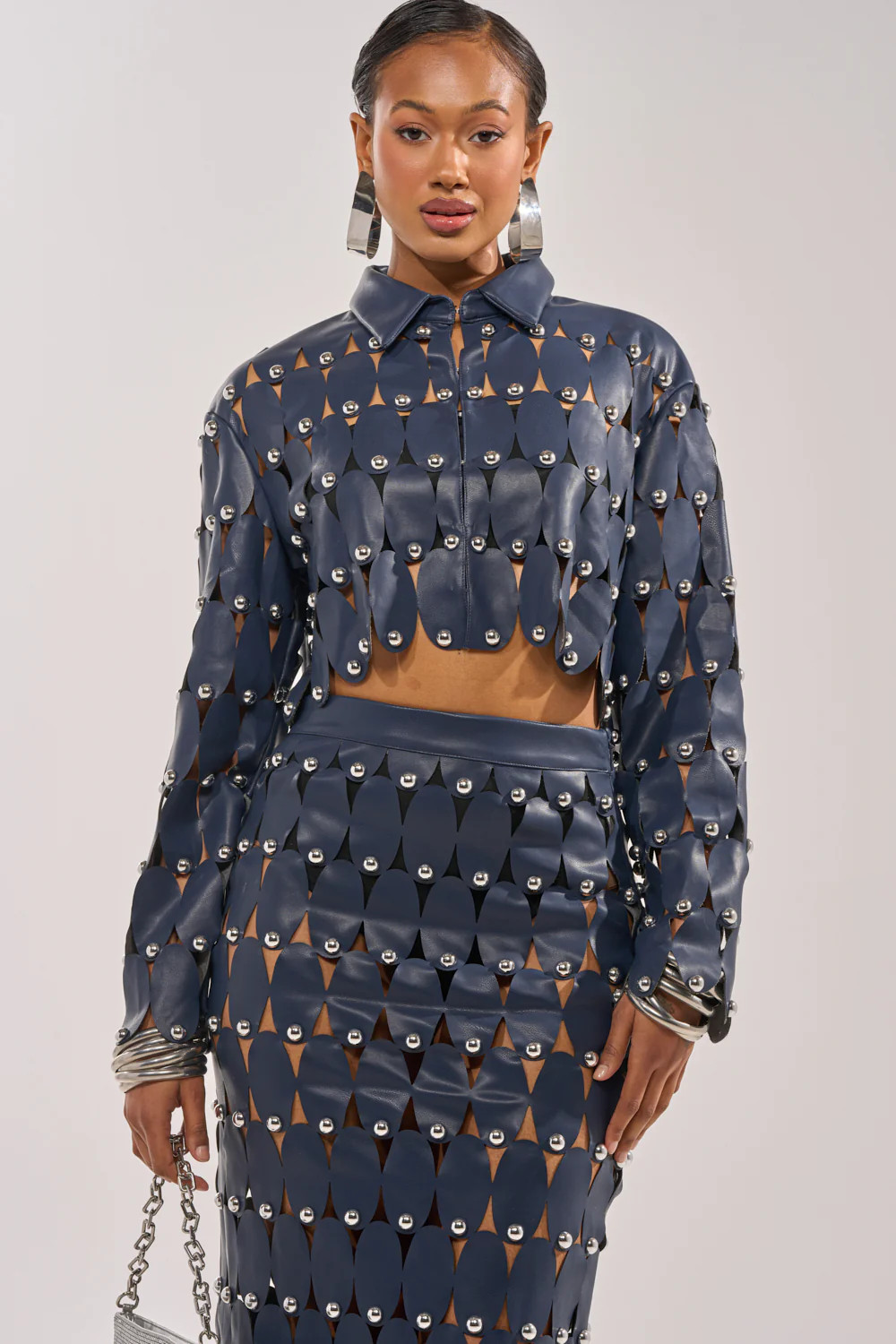 THE SNEAK PEEK STUDDED PU CROP CARDIGAN IN NAVY | AKIRA