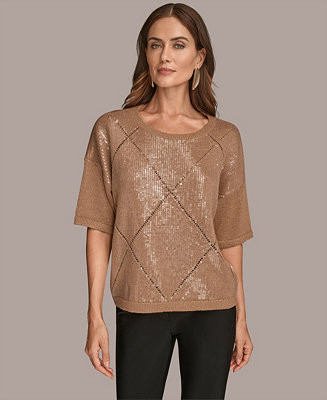 Donna Karan New York Women's Short Sleeve Sequin Sweater - Macy's | Macy's